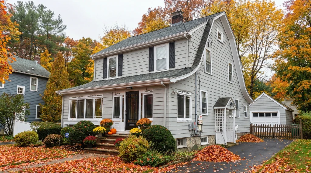 A Cape Cod home following a professional fall cleanup, featuring neatly raked leaf piles, manicured shrubs, and autumn decorations like mums and pumpkins by Forever Green Co.