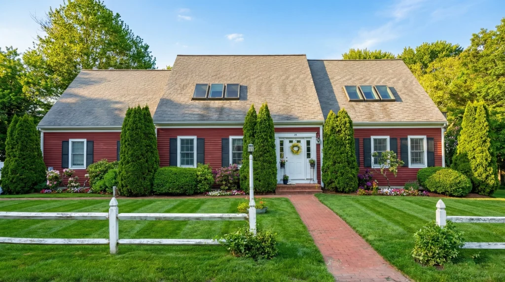 A Cape Cod home featuring perfectly manicured landscaping with fresh dark mulch, shaped shrubbery, and a lush green lawn, maintained by Forever Green Co.