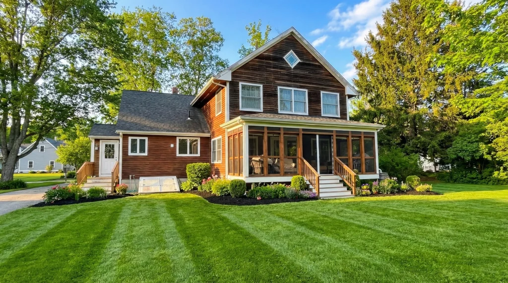 A perfectly manicured residential lawn with professional mowing stripes and clean edging by Forever Green Co. on Cape Cod.