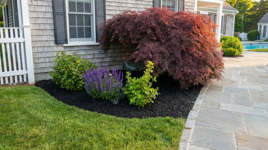 A precisely edged garden bed with fresh dark mulch, pruned shrubs, and a red Japanese maple next to a stone walkway at a Cape Cod home.