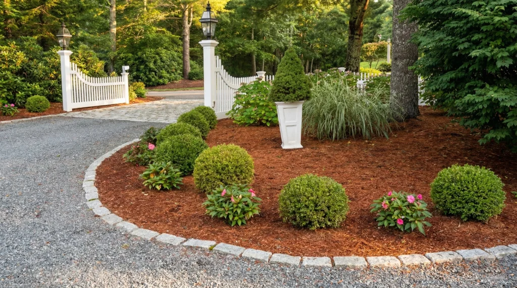 A curved gravel driveway edged with cobblestones borders a manicured garden bed filled with fresh brown mulch, round boxwood shrubs, and pink impatiens. A white picket fence and lantern posts are in the background.