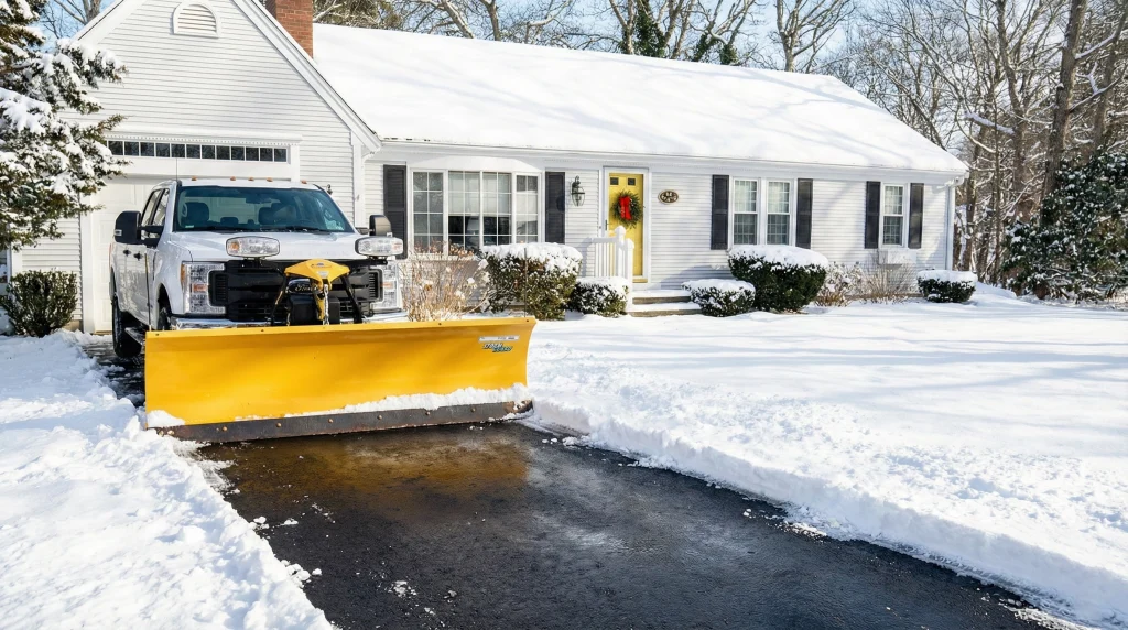 A residential driveway on Cape Cod perfectly plowed and cleared down to the asphalt by Forever Green Co. snow removal team following a winter storm.