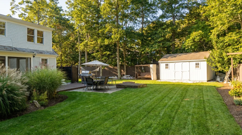 A perfectly manicured, freshly mowed lawn with distinct mowing stripes in a Cape Cod backyard. A neat patio with outdoor furniture and a white shed are under warm afternoon sunlight.